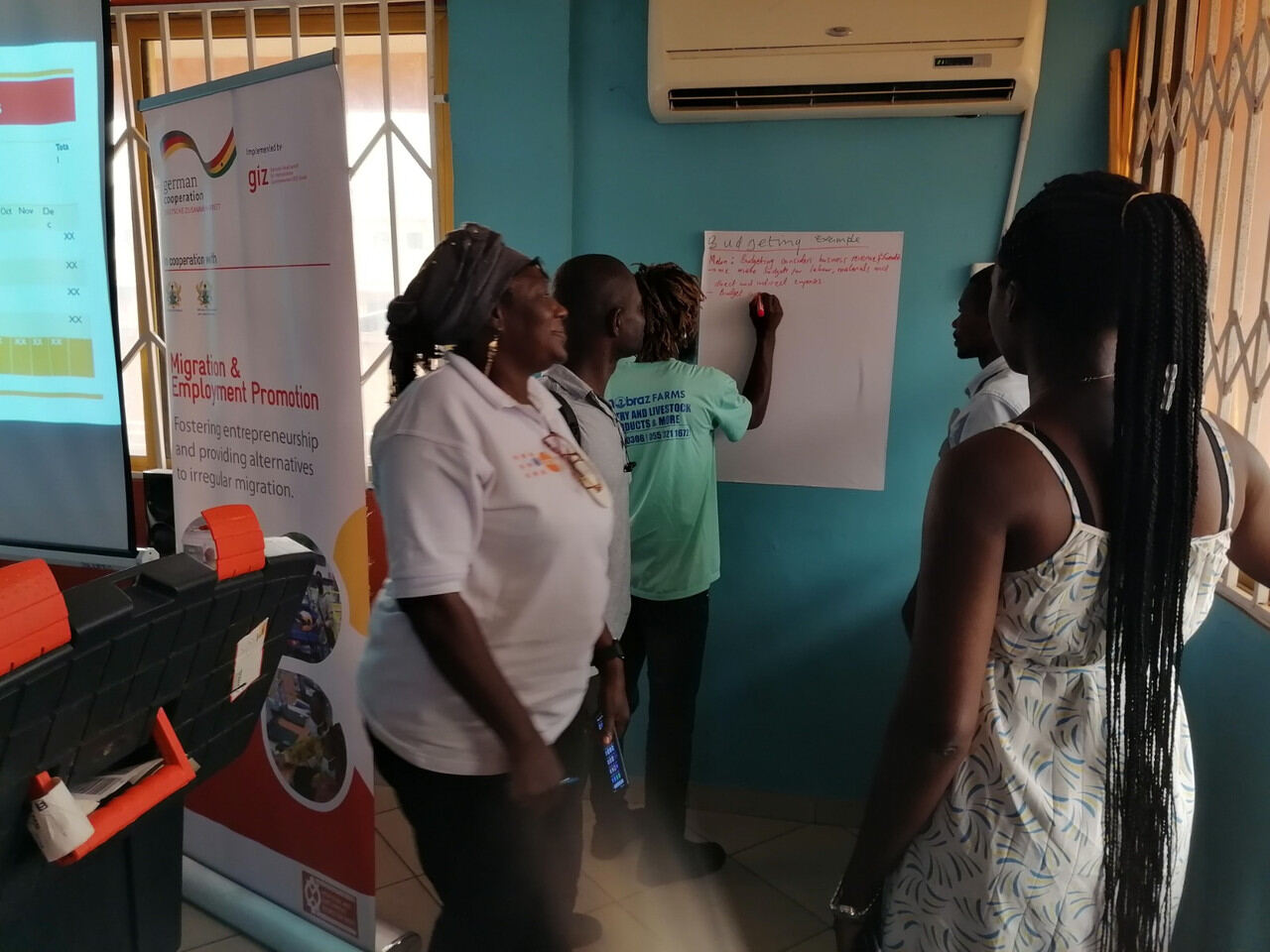 Facilitator writing on a whiteboard in front of participants